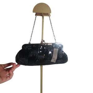 Black Clutch Satin Sequin 2 Chain Straps Xbody Shoulder Bag Holiday Party NWT